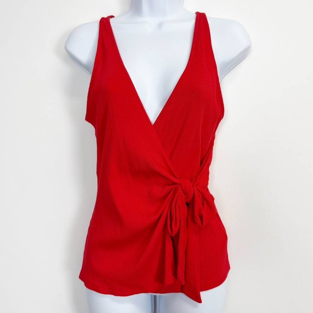 Express Tank Top Womens Medium Red Ribbed Side Tie VNeck Blouse NWT